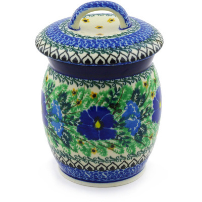 Polish Pottery Jar with Lid 6&quot; Wind Blown Blue Bells UNIKAT