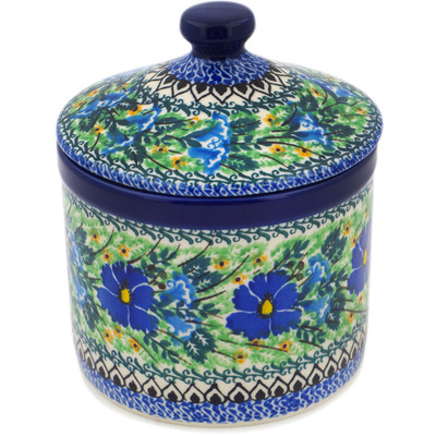 Polish Pottery Jar with Lid 6&quot; Wind Blown Blue Bells UNIKAT