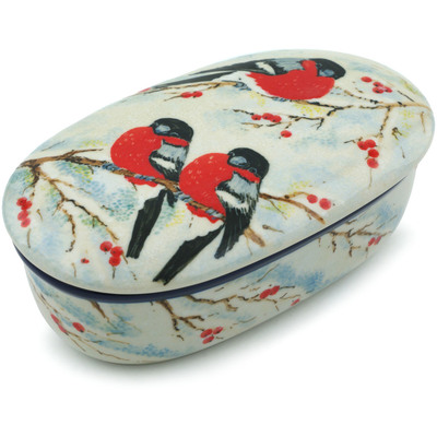 Polish Pottery Jar with Lid 6&quot; Winter Birds UNIKAT