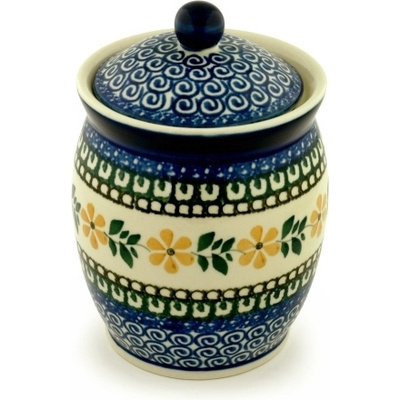 Polish Pottery Jar with Lid 6&quot; Yellow Daisy Swirls