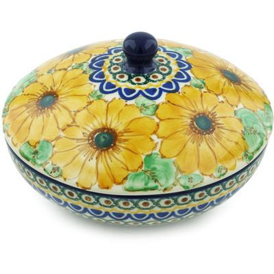 Polish Pottery Jar with Lid 7&quot; August Sunflowers UNIKAT