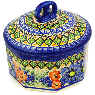 Polish Pottery Jar with Lid 7&quot; Aztec Flowers UNIKAT