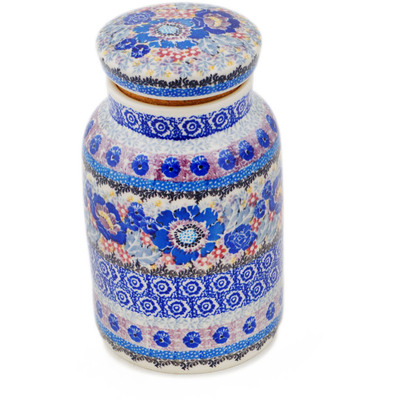 Polish Pottery Jar with Lid 7&quot; Beautiful Blues UNIKAT