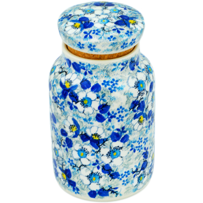 Polish Pottery Jar with Lid 7&quot; Blossoming Blues UNIKAT