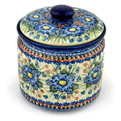 Polish Pottery Jar with Lid 7&quot; Blue Bud Delight UNIKAT
