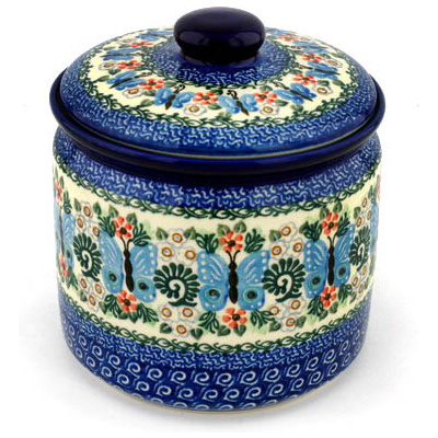 Polish Pottery Jar with Lid 7&quot; Blue Butterfly Brigade UNIKAT