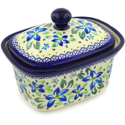 Polish Pottery Jar with Lid 7&quot; Blue Clematis