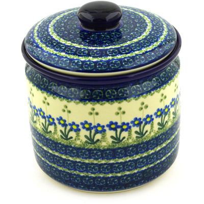 Polish Pottery Jar with Lid 7&quot; Blue Daisy Circle