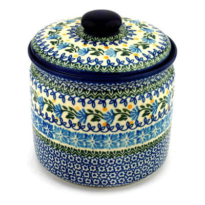 Polish Pottery Jar with Lid 7&quot; Blue Fan Flowers