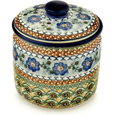 Polish Pottery Jar with Lid 7&quot; Blue Poppy Circle UNIKAT