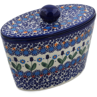 Polish Pottery Jar with Lid 7&quot; Blue Tulip Garden UNIKAT