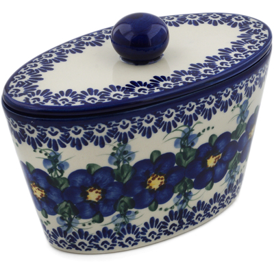 Polish Pottery Jar with Lid 7&quot; Blue Wildflower UNIKAT