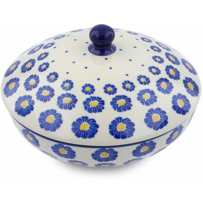 Polish Pottery Jar with Lid 7&quot; Blue Zinnia
