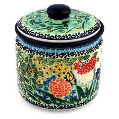 Polish Pottery Jar with Lid 7&quot; Butterfly Garden UNIKAT
