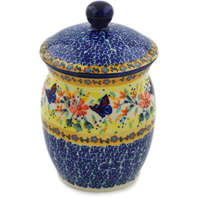 Polish Pottery Jar with Lid 7&quot; Butterfly Summer Garden UNIKAT