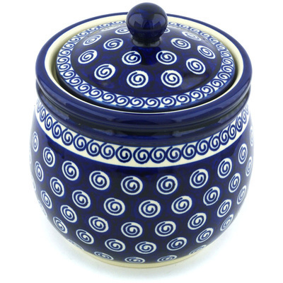 Polish Pottery Jar with Lid 7&quot; Cobalt Swirl