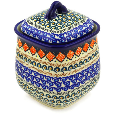 Polish Pottery Jar with Lid 7&quot; Coral Diamonds UNIKAT