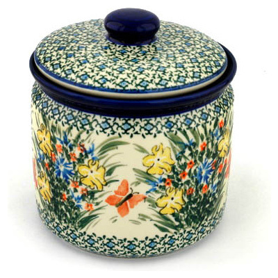 Polish Pottery Jar with Lid 7&quot; Daylight Garden UNIKAT