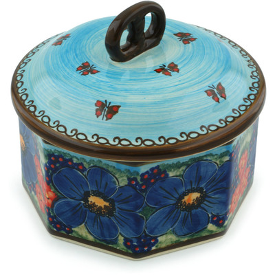 Polish Pottery Jar with Lid 7&quot; Field Of Butterflies UNIKAT