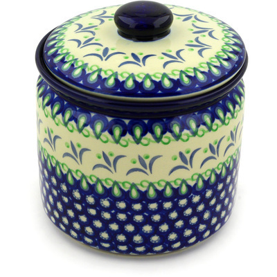 Polish Pottery Jar with Lid 7&quot; Fleur De Lis