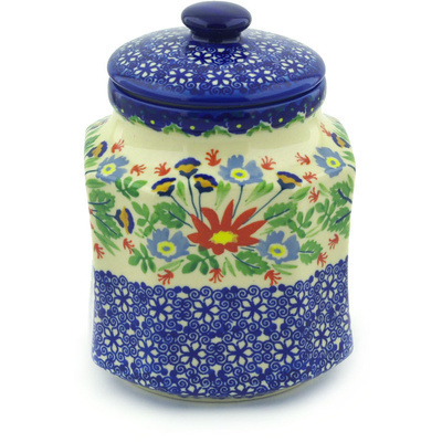 Polish Pottery Jar with Lid 7&quot; Folk Flowers UNIKAT