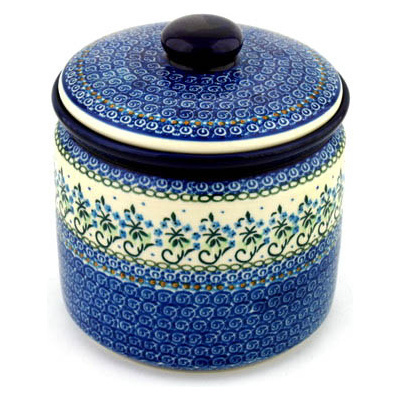 Polish Pottery Jar with Lid 7&quot; Forget Me Not Circle UNIKAT