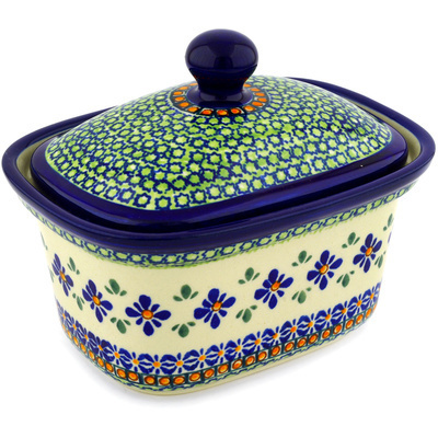 Polish Pottery Jar with Lid 7&quot; Gingham Flowers
