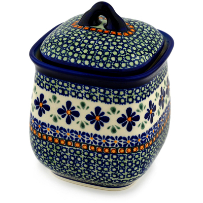 Polish Pottery Jar with Lid 7&quot; Gingham Flowers