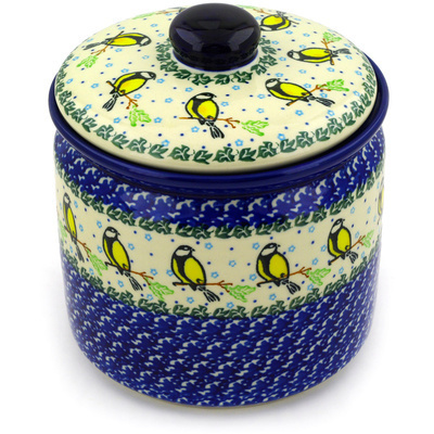 Polish Pottery Jar with Lid 7&quot; Happy Goldfinch