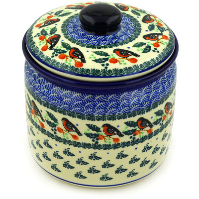 Polish Pottery Jar with Lid 7&quot; Holly Robin