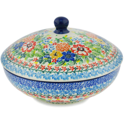 Polish Pottery Jar with Lid 7&quot; Hummingbird Meadow UNIKAT