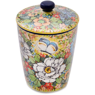 Polish Pottery Jar with Lid 7&quot; Jard&iacute;n De Mariposa UNIKAT