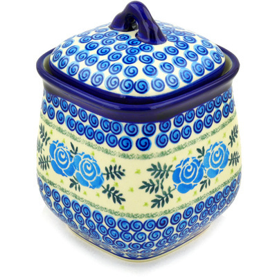 Polish Pottery Jar with Lid 7&quot; Lady Blue Roses UNIKAT