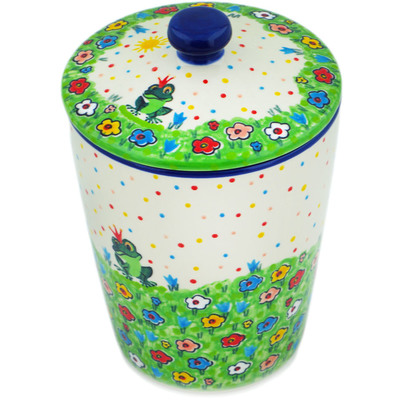 Polish Pottery Jar with Lid 7&quot; Prince Frog UNIKAT