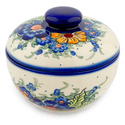 Polish Pottery Jar with Lid 7&quot; Summertime Blues UNIKAT