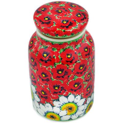 Polish Pottery Jar with Lid 7&quot; Sweet Red Petals UNIKAT