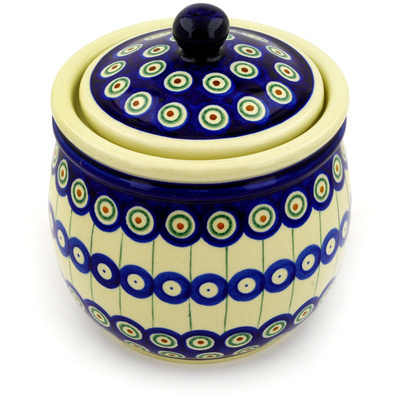Polish Pottery Jar with Lid 7&quot; Traditional Peacock