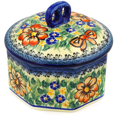 Polish Pottery Jar with Lid 7&quot; Wild Bouquet UNIKAT