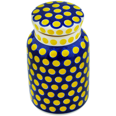 Polish Pottery Jar with Lid 7&quot; Yellow Dots