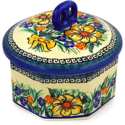 Polish Pottery Jar with Lid 7&quot; Yellow Flower UNIKAT