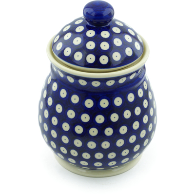 Polish Pottery Jar with Lid 8&quot; Blue Eyed Peacock