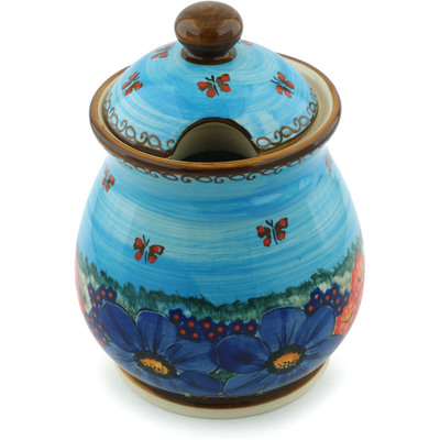 Polish Pottery Jar with Lid 8&quot; Blue Garden UNIKAT