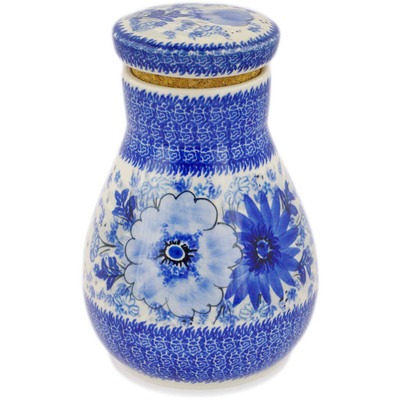Polish Pottery Jar with Lid 8&quot; Blue Wildflower Patch UNIKAT