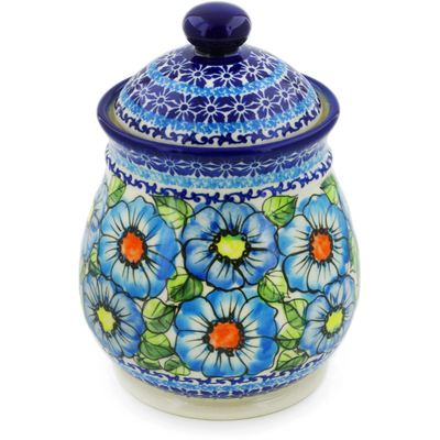 Polish Pottery Jar with Lid 8&quot; Bold Blue Poppies UNIKAT
