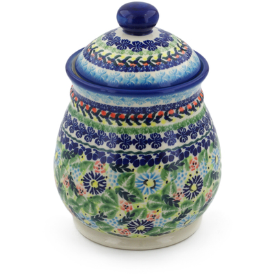 Polish Pottery Jar with Lid 8&quot; Flor-de-lis UNIKAT