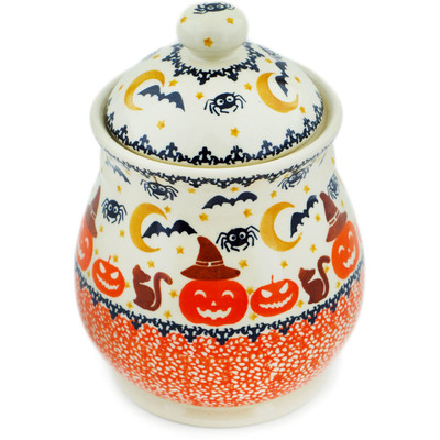 Polish Pottery Jar with Lid 8&quot; Halloween Spooky Pumpkin