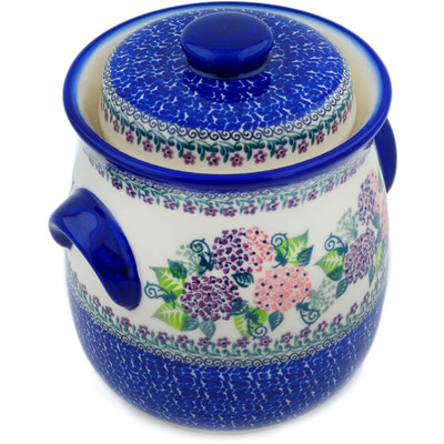 Polish Pottery Jar with Lid 8&quot; Happy Hydrangea UNIKAT