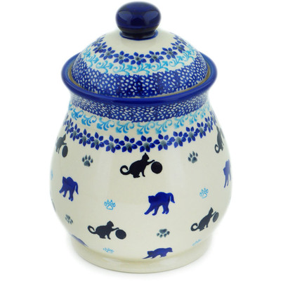 Polish Pottery Jar with Lid 8&quot; Kitty Paw Play Time