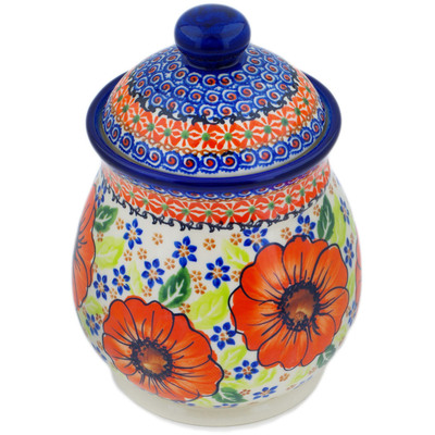 Polish Pottery Jar with Lid 8&quot; Orange Zinnia UNIKAT