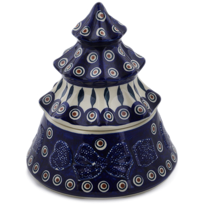 Polish Pottery Jar with Lid 8&quot; Peacock Leaves